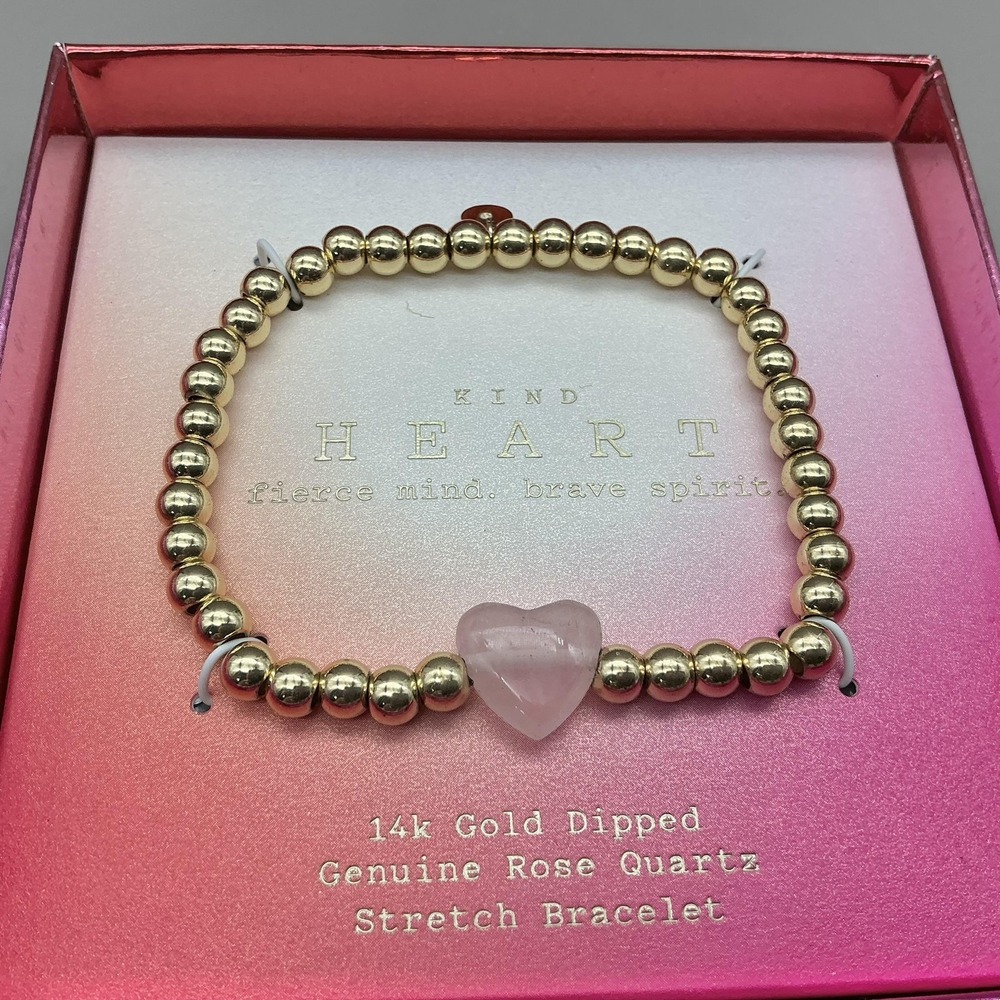 A New Day Bracelet 14k Gold Dipped Rose Quartz Heart Stretch Womens‎ Jewelry - Picture 3 of 6